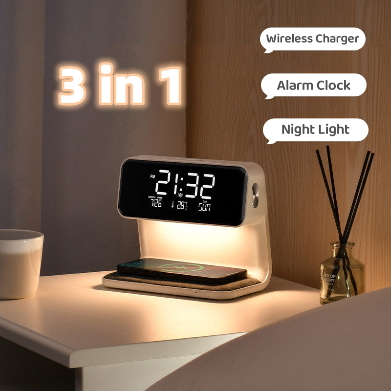 3 In 1 Bedside Lamp Wireless Charging LCD Screen Alarm Clock & Wireless Phone Charger